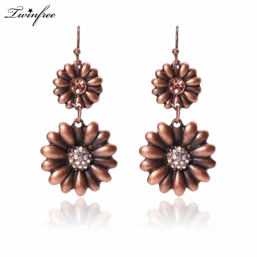 

Rhinestone Style Two Flower Bronze Plated Drop Earrings Wholesales HY-7223-1