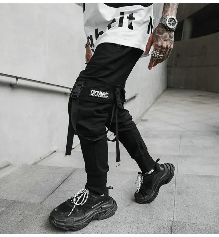 Весна, мужские черные штаны-шаровары в стиле хип-хоп, с несколькими карманами, с лентами, мужские спортивные штаны, уличная одежда, повседневные мужские штаны