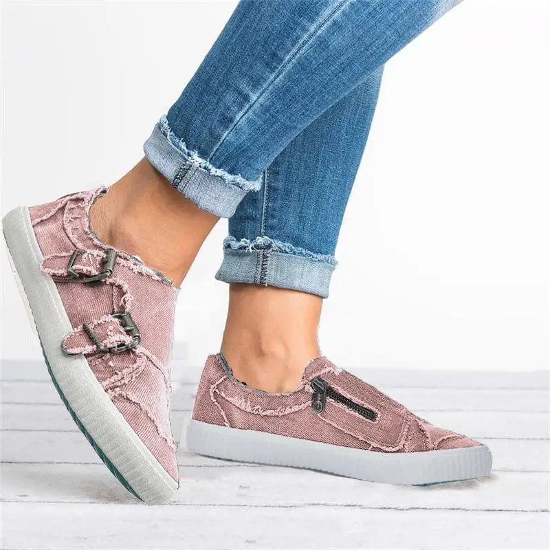 

HEFLASHOR Women Vulcanized Shoes Slip Shoes On Flat Female Denim Fashionable Sneakers Casual Breathable Footwears