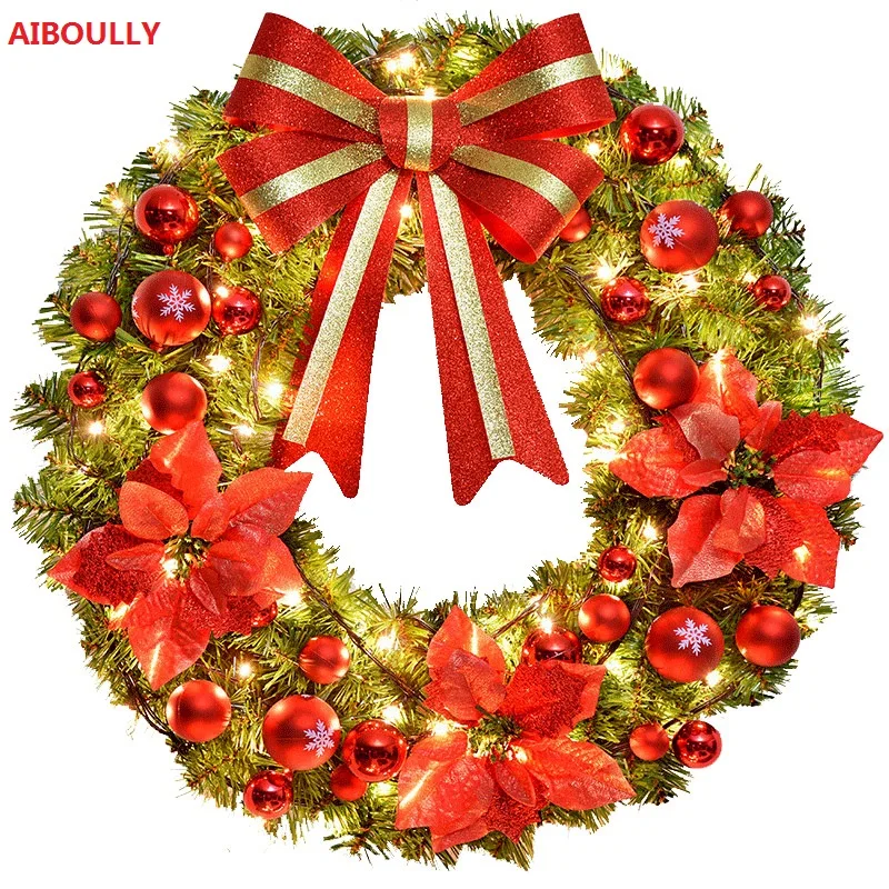 Plug in Christmas Wreath With Warm LED Lights Bowknot Holiday