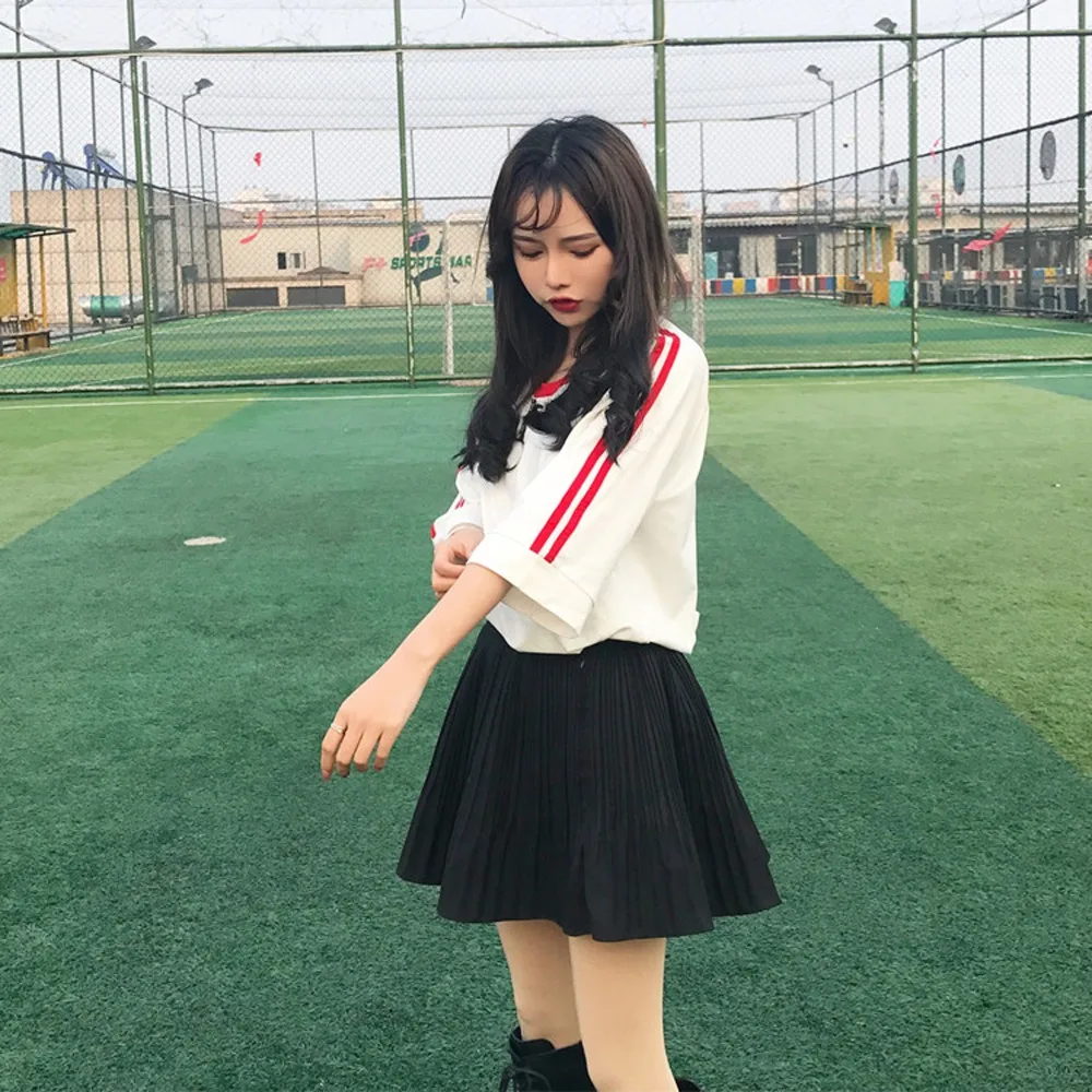 Корейский ulzzang женские длинные футболки японский Harajuku Мода ретро сплит женская футболка Готический полосатый короткий рукав футболки
