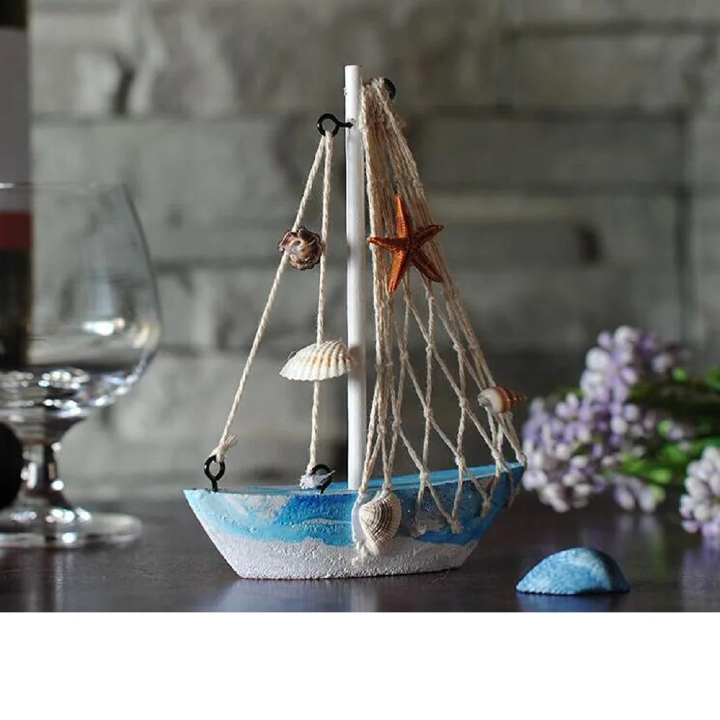 2pcs Home Decorative Wooden Sailboat Model Handmade Vintage Nautical Decor Sailing Boat Decoration Wooden Display Sailboat