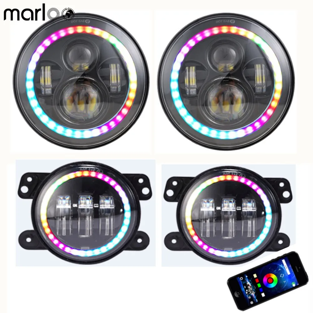Marloo Wrangler RGB Halo 7 дюймов светодиодные фары с помощью приложения на телефоне Bluetooth