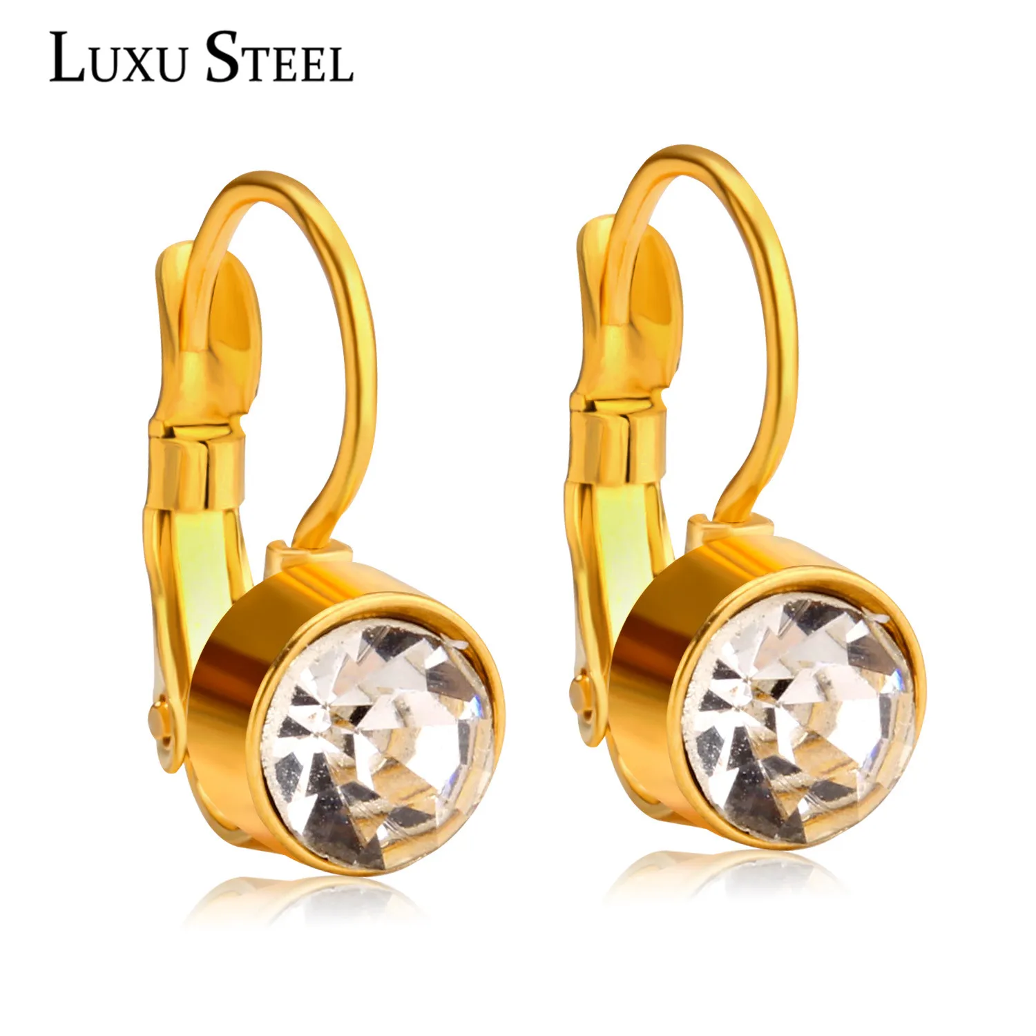 

LUXUSTEEL Top Selling Stainless Steel Luxury Clip Earring Zircon Fashion Brilliant Round Ladies Wedding Earring For Christmas