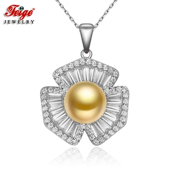 

FEIGE Luxury 925 Sterling Silver Inlay Cubic Zircon Necklaces & Pendants for Women Gift 9-10MM Golden Freshwater Pearl Necklace