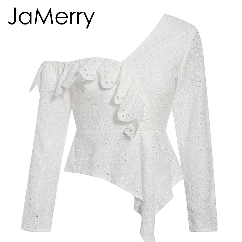Женская Асимметричная блузка JaMerry белая кружевная с оборками и вышивкой на одно