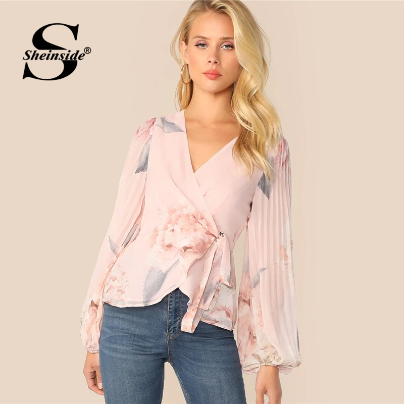 

Sheinside Elegant Lantern Sleeve Blouse Women 2019 Spring Pleated Floral Print Blouses Ladies Pink V Neck Wrap Chiffon Top