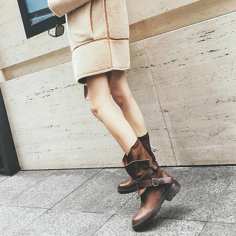

Vintage Women Boots Fashion Mid Calf Boots Soft Leather Shoes Autumn Winter Motorcycle Boots Flat Boots Zapatos De Mujer