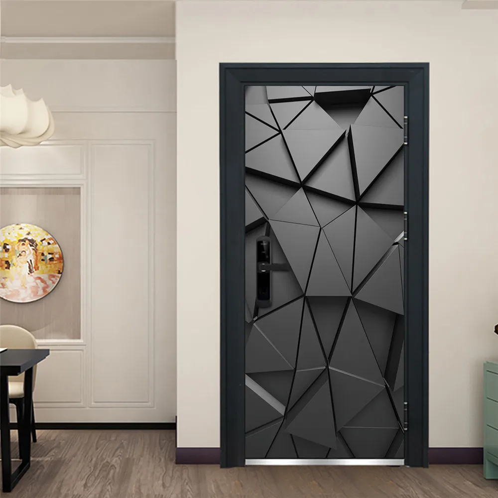 Черная Геометрическая ПВХ дверь наклейки самоклеющиеся обои для двери гостиной спальни домашний декор DIY водонепроницаемый плакат наклейки