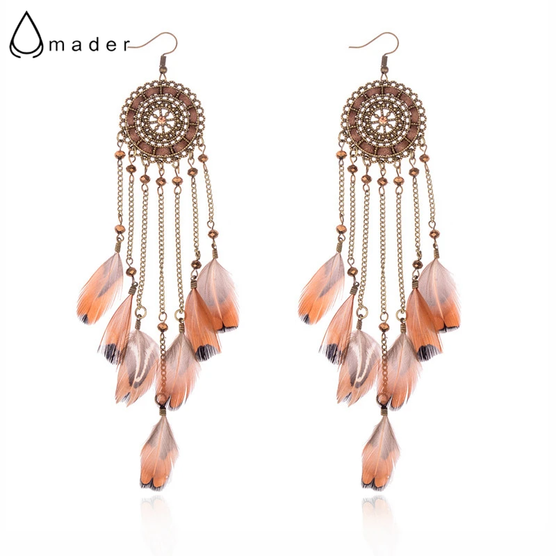 

Amader Chain&Brown Feather Summer Earrings For Women Beach Bohemia Boho Round Hollow Out Ethnic Drop Earrings HQE794