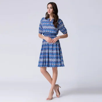 

Custom Plus Size Dress S-7XL Europe Summer Newest Lantern Sleeve Blue Plaid A-Line Empire Elegant Knee-Length Dress Women 12213