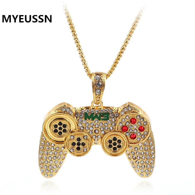 

Hip Hop Iced Out Game Controller Handle Pendant Necklace for Women Men Gold CZ Crystal Rhinestone Jewelry chain Necklaces