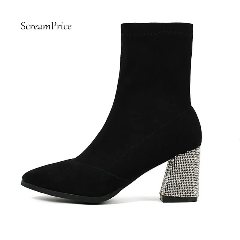 

Ladies Suede Slip On Thick High Heel Ankle Boots Fashion Crystal Pointed Toe Fall Winter Bootie Black Green 2018 Women Shoes