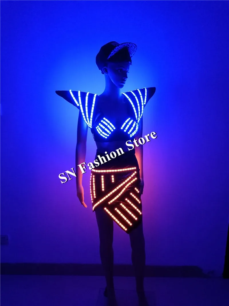 Ss2-2 яркая женские платья Сексуальная певица носит Танцы Бальные LED костюмы Подиум Этап Показывать DJ бюстгальтер юбка плеча жилет