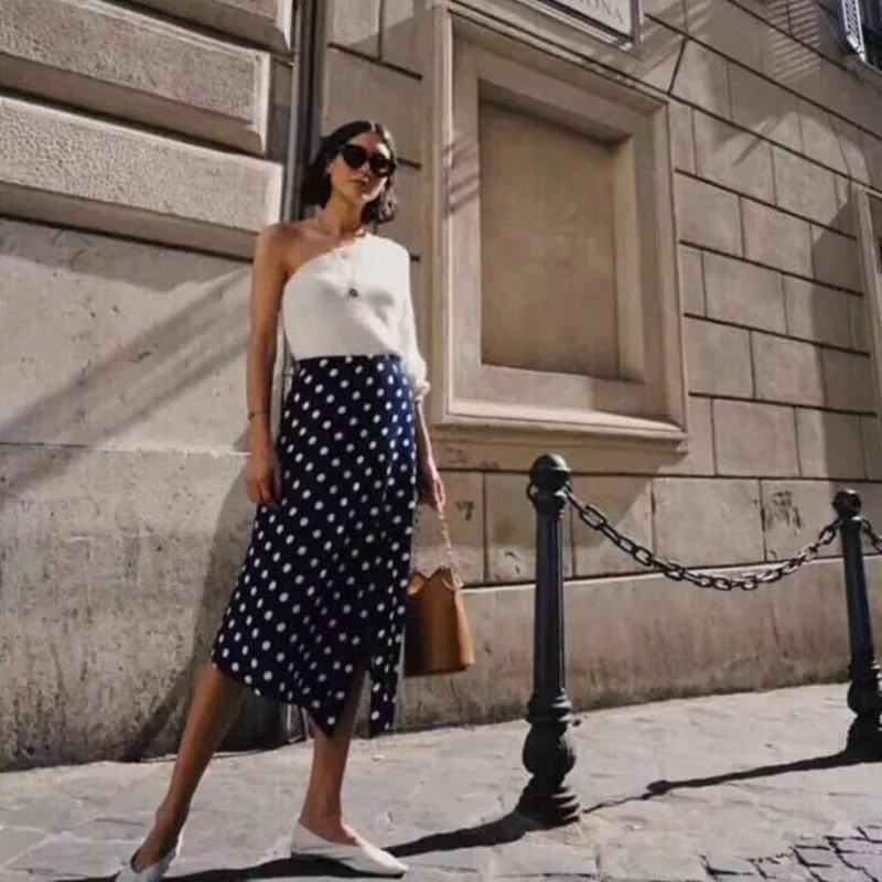 

100% Viscose Women Polka Dot Print Vintage Elastic High Waist Irregular Sexy Split Skirt
