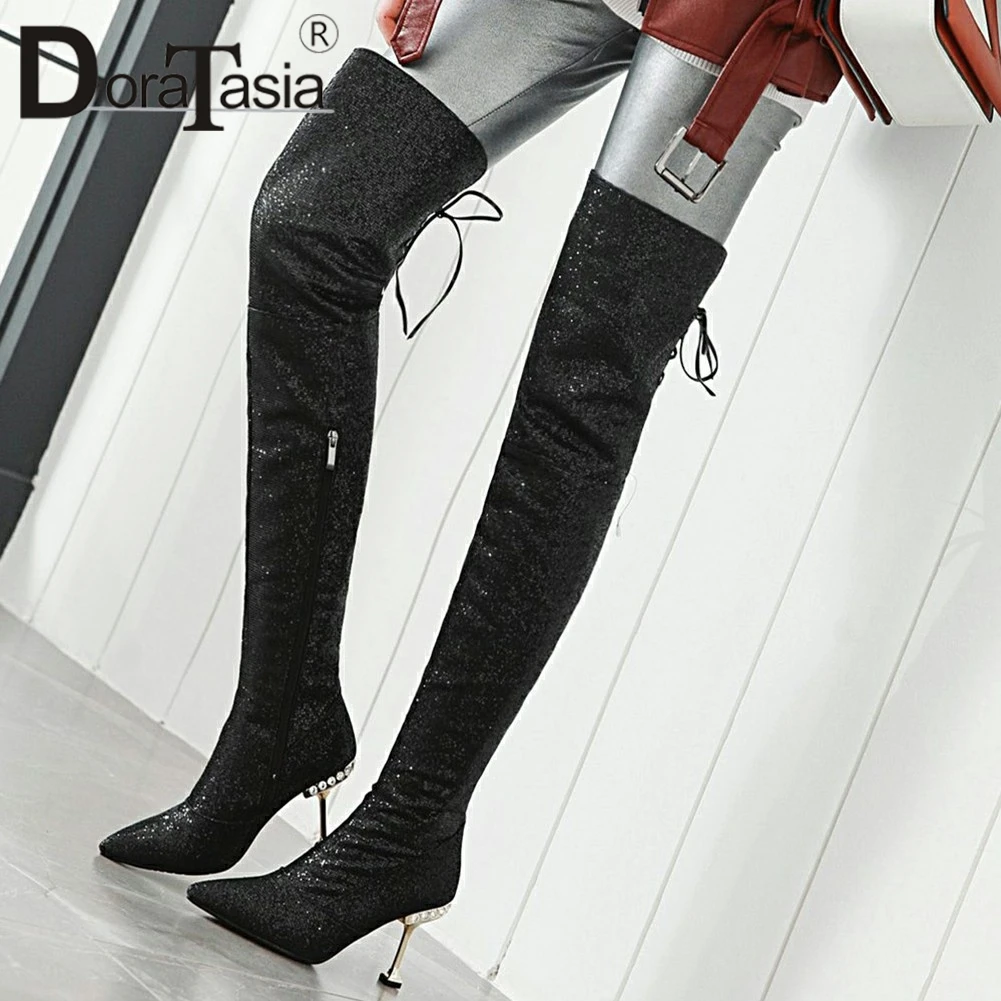 

DoraTasia Fashion Sexy Women Over Knee High Boots Pointed Toe Thin High Heels Boots Women Winter Autumn Thick Fur Addable 32-43