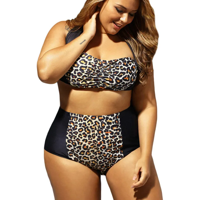 Leopard Female Swimwear Large Size High Waist Bikini Plus