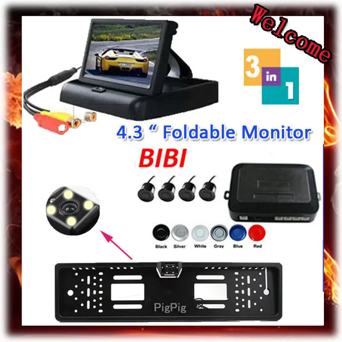 

4 Sensors Car Parking System Kit & 4.3'' TFT Car Security Mirror Monitor for EU Car License Frame Plate 4 LED Rear View Camera