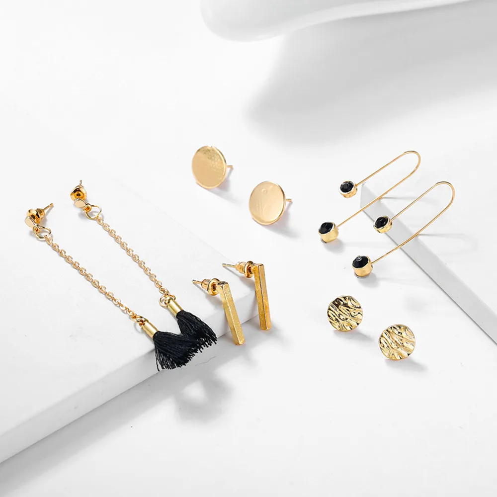 

5Pairs/Set New Mixed Black Tassel Hammered Round Earrings Set Punk Ear Stud Fashion Long Earrings Jewelry for Women