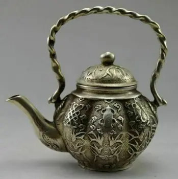 

Old Chinese Handwork Tibet Silver Carved Flower Fish Tea Pot