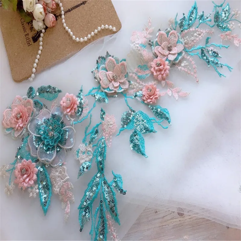 1 piece Turquoise applique Sequins rhinestone embellishments flower 3D lace blue pink | Дом и сад