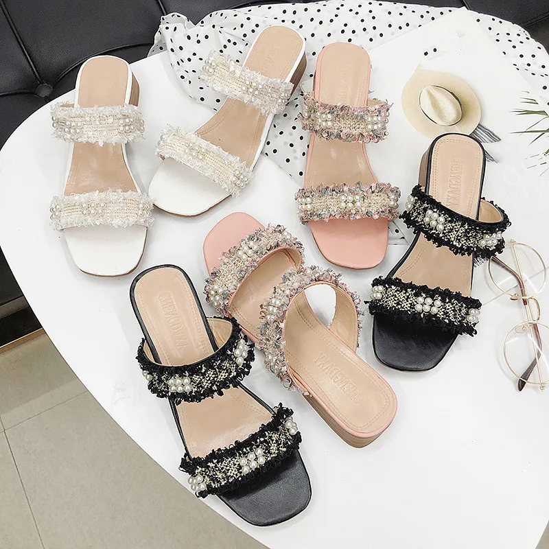

Woman Shoes Luxury Med Lady Ladies Flip Flops Slides Socofy Square heel String Bead Women's Slippers 2019 Designer Baby