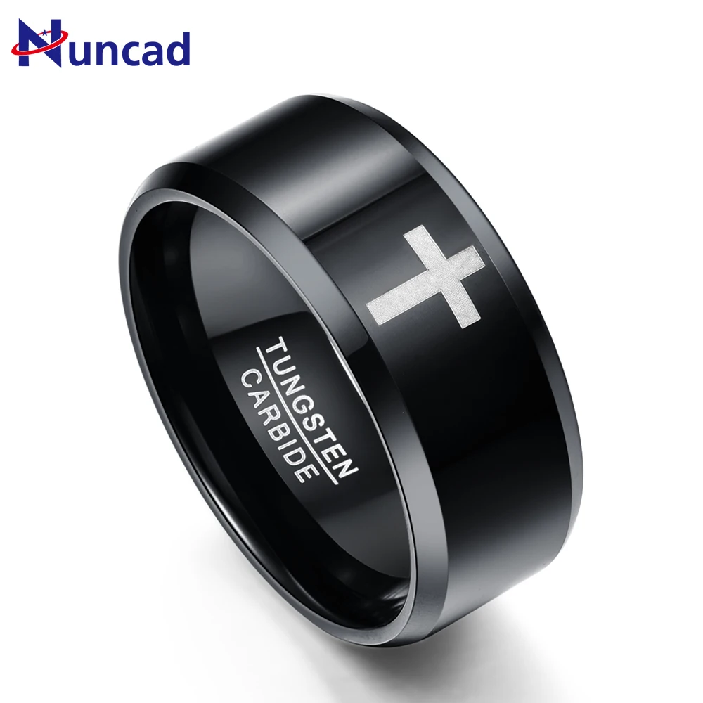 

Nuncad T078R 10MM Wide Plated Black Laser Cross Polished Angled Tungsten Steel Ring with full size 7-12