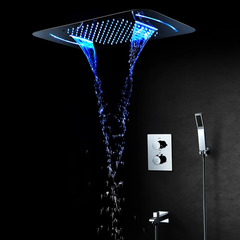 LED Light Shower Head 580*380mm Waterfall Rainfall Showerhead Thermostatic Shower Faucets Mixer Ceiling Mounted Shower Sets