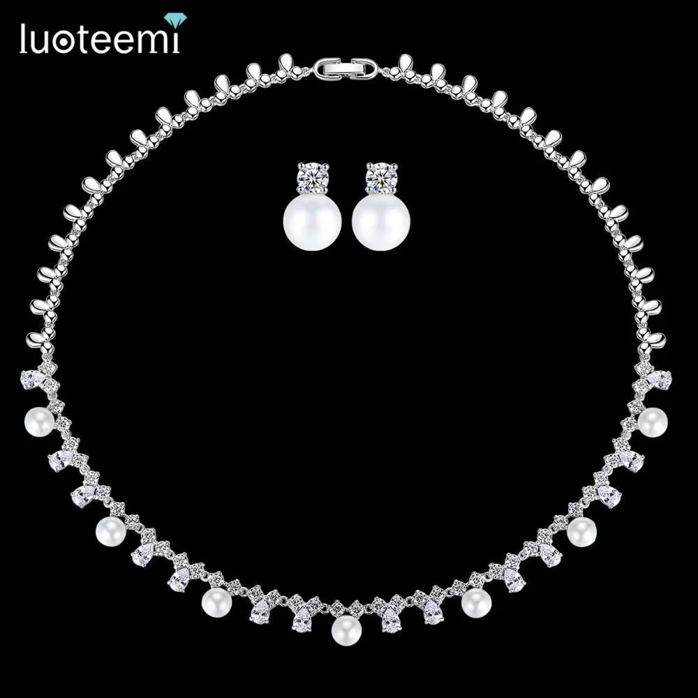 LUOTEEMI Créé Perles De Mariée Bijoux Ensembles Collier Boucle D'oreille Pour Les Femmes Nobel Style De Mariage Accessoires Décoration Cadeau - 1