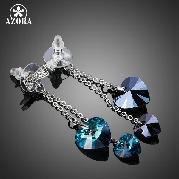 AZORA Romantic Double Heart of Ocean Blue Stellux Austrian Crystal Drop Earrings for Valentine's Day Gift of Love TE0184