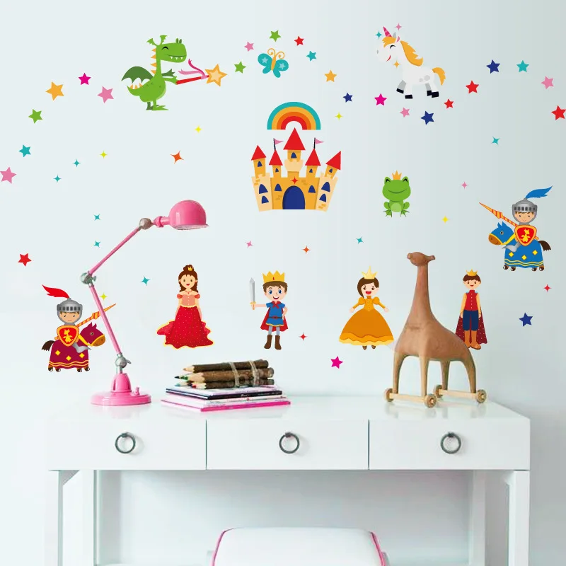 

Cartoon Castle Prince Princess Wall Stickers Dragon Unicorn Star Decoration Child Room Princess Room Wardrobe Decor PVC Decals