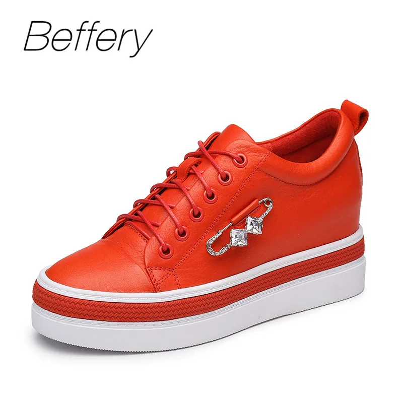 

Beffery Spring Genuine Leather Women Casual Shoes Red/White Platform Wedge High heels Fashion Rhinestone Shoes Women Sneakers