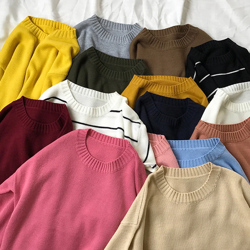 

2019 Korean Winter Harajuku Pullovers Sweater Women's Solid Color Women Loose Sweater All-match Neck Female Pullover Sweater