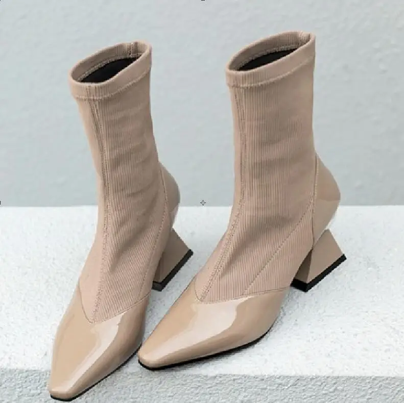 

Hot Fashion Sexy Mixed Colors Stretch Fabric Shoe Pointed Toe Mid- Calf Ladies Shoes Strange Style 7cm High Heels Women Boots