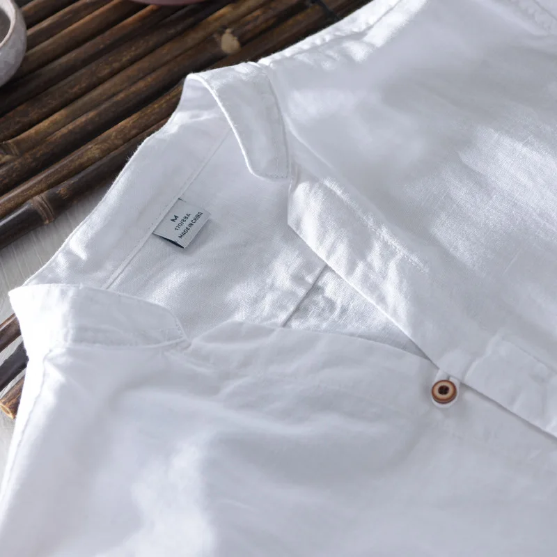 Cotton Linen Casual Shirts Men Basic Classic White Hawaiian Shirt Male Long Sleeve Stand Collar Clothing 5
