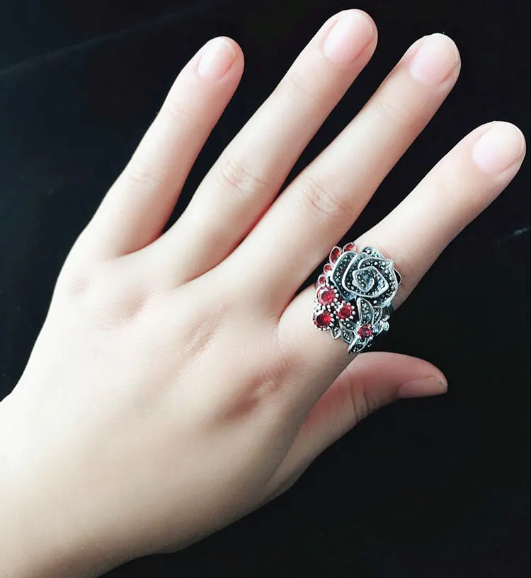 FNJ цветок розы кольцо 925 серебро марказит красный камень циркон S925 серебро кольца для женщин ювелирные изделия регулируемый размер
