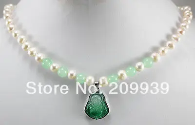 

huij 003535 7-8mm white Pearl & green jade Necklace Carved bless Buddha pendant