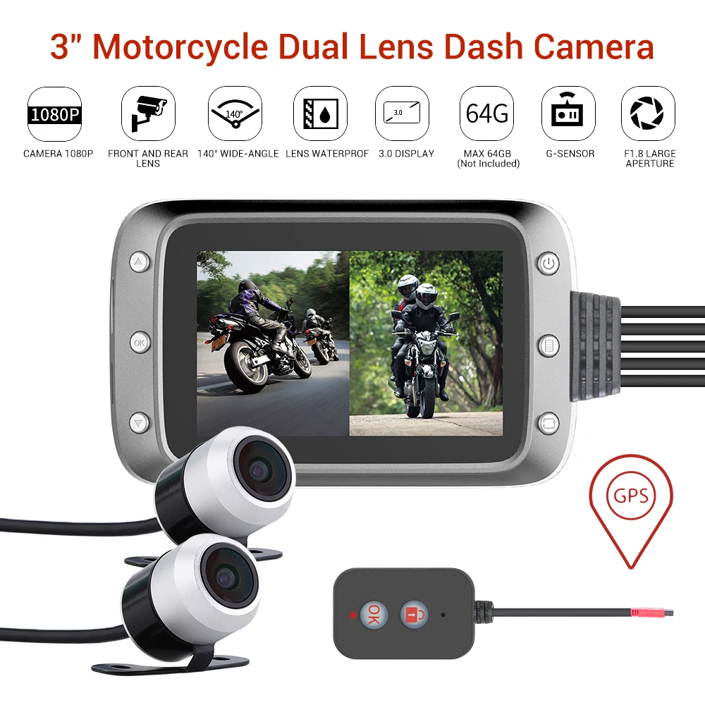 Видеорегистратор для мотоцикла с GPS Full HD 1080P + 720P камера заднего и Переднего Вида