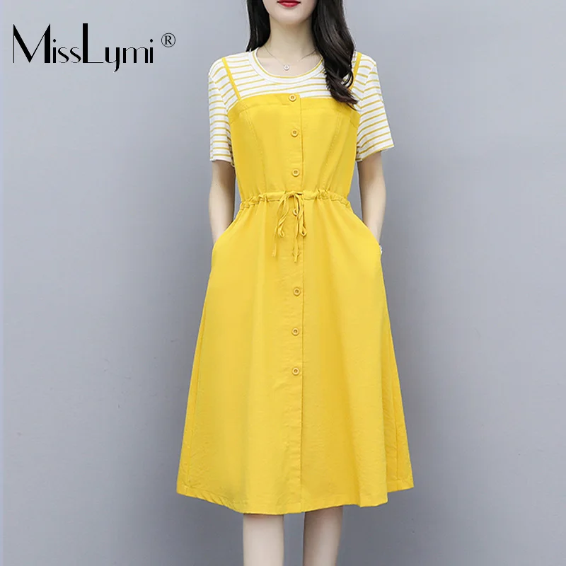 

XL-5XL Plus Size Women Yellow Elegant Dress Summer 2019 Striped Short Sleeve Patchwork Drawstring Waist Ladies A-Line Dresses