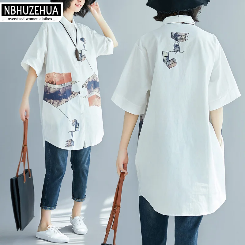 

NBHUZEHUA A203 Big Size Women's Long Shirt Summer 2018 Cartoon Print Off White Black Top Loose Cotton Linen Blouse 4XL 5XL