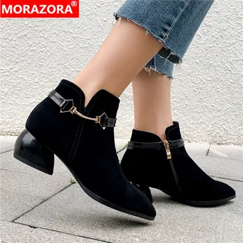 

MORAZORA 2020 full cow leather ankle boots for women suede Metal decoration autumn boots pointed toe black women boots