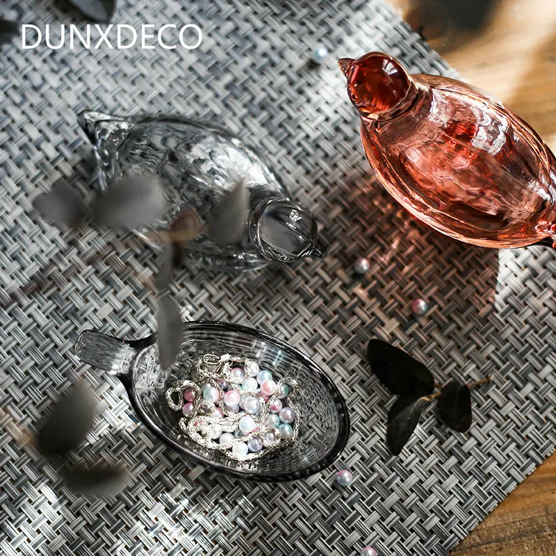 

DUNXDECO Home Office Storage Photo Props Modern Bird Glass Container Accessory Ring Key Holder Table Multifunction Organise Gift