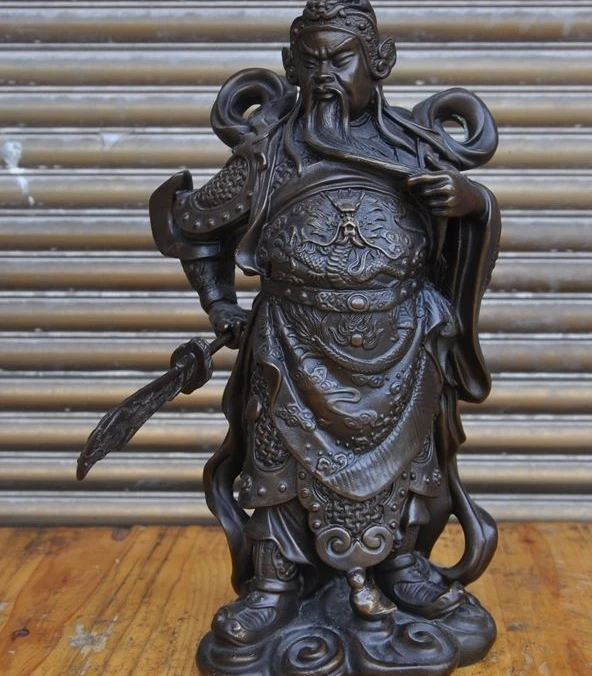 

10" China Bronze Dragon Warrior Generals Broadsword guan gong guan yu God Statue