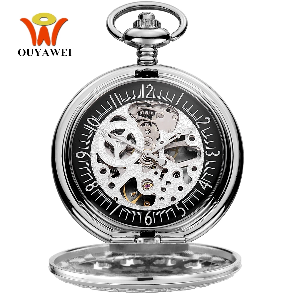 OYW Brand Silver Skeleton Hand Wind Fob Pocket Watch Transparent backcover Necklace pendant Steampunk fashion Vintage watch Gift OYW Brand Silver Skeleton Hand Wind Fob Pocket Watch Transparent backcover Necklace pendant Steampunk fashion Vintage watch Gift