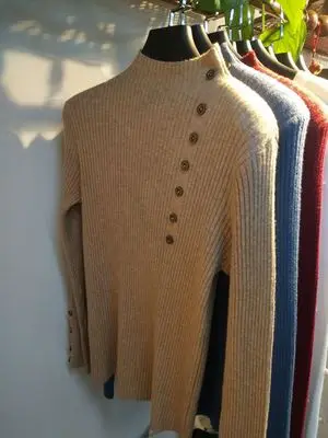 Новинка осень зима женский свитер с высоким воротом с длинным рукавом с пуговицей пуловер Джемпер женский свитер вязаный Топ Pull Femme - Цвет: khaki