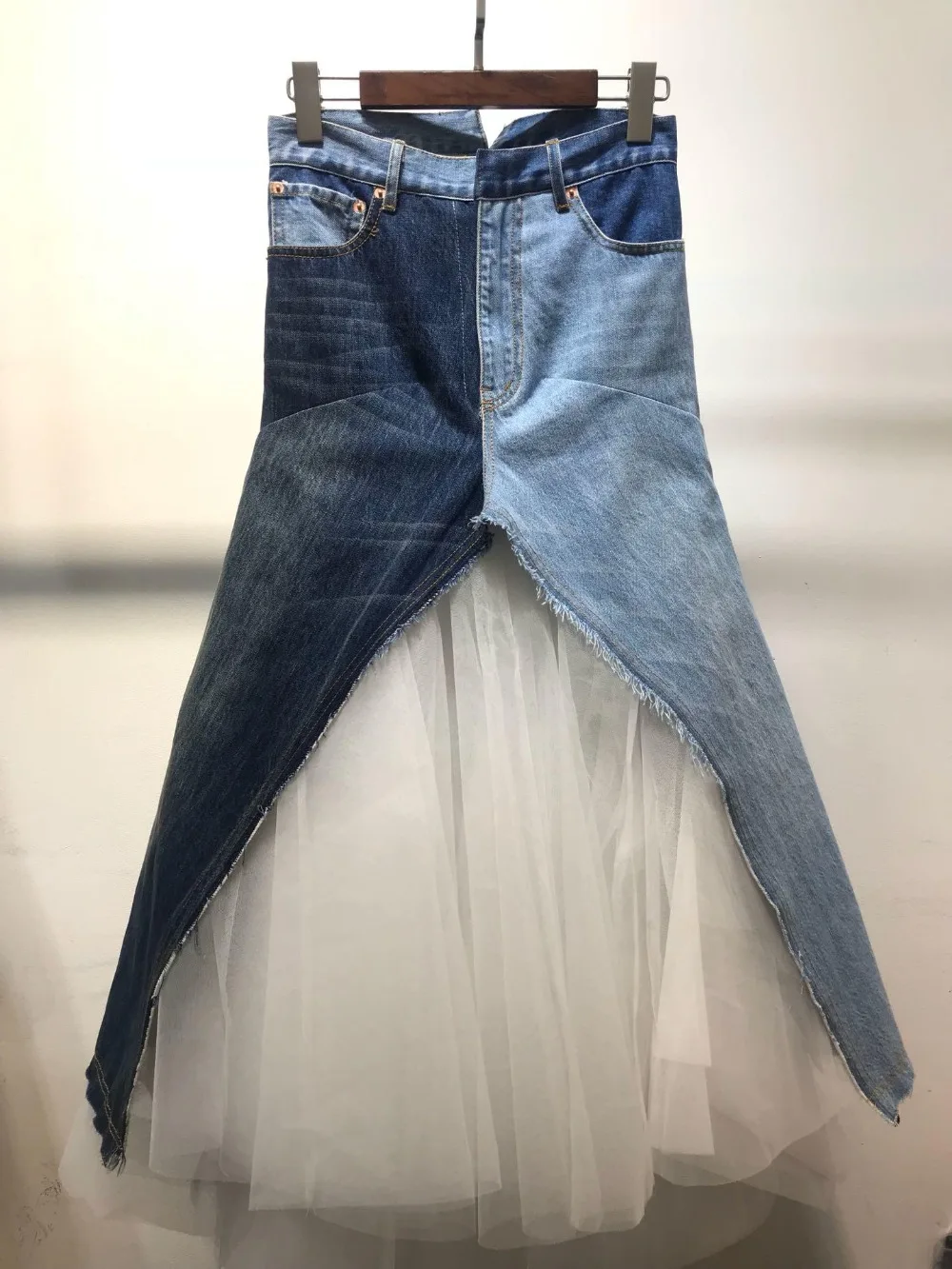 2019 Весна и лето для женщин шить сетки Джинсовая юбка 0323