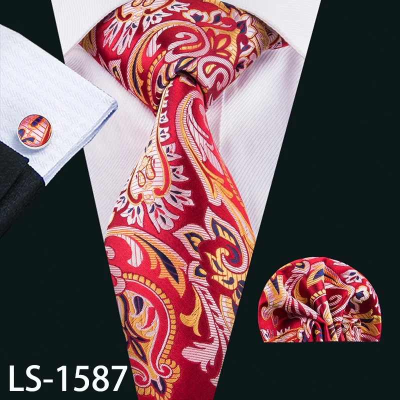 LS-704, мужской галстук, шелк, красный, в клетку, жаккардовый, тканый, свадебный галстук, Barry.Wang, Hanky, запонки, набор, галстук для мужчин, деловые, вечерние - Цвет: LS-1587