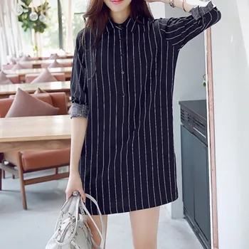 

Women Black Summer Dress Shirt Long Arm Revers Stripes Mini Clothes Leisure Summer Dress 2019 Vestidos De Verano Dress Neue
