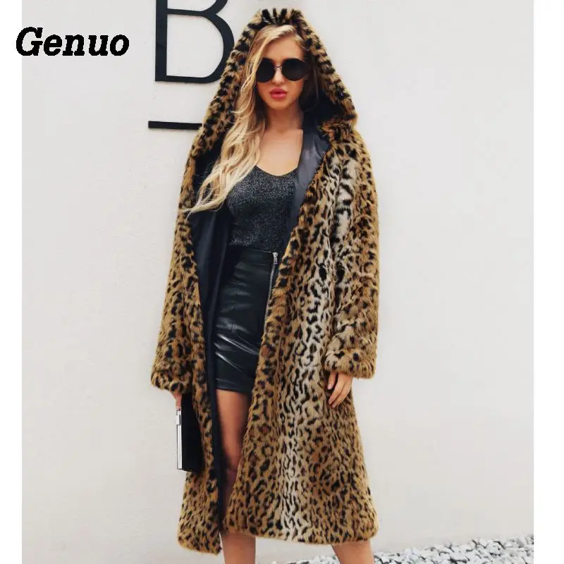 Genuo леопардовое пальто из искусственного меха, женское свободное модное зимнее теплое плотное меховое пальто размера плюс, длинное женское пальто высокого качества