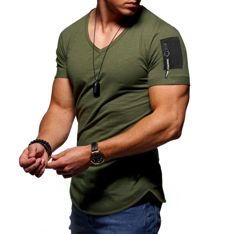 Летняя Модная брендовая тонкая футболка с короткими рукавами для мужчин, мужская футболка на молнии, Мужская футболка с v-образным вырезом, хлопковая Повседневная футболка, размер M-3XL